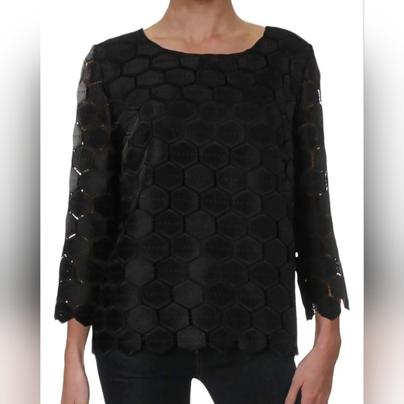 Anne Klein Tops - Anne Klein Black Hexagon Lace Long Sleeve Blouse Minimalist Business Casual Work
